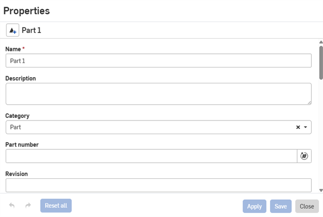 Properties dialog for a part
