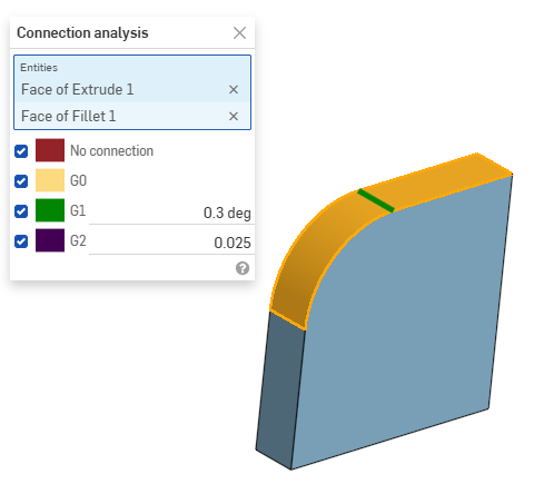 Screenshot of the Connection analysis dialog box with an example of a part in the graphics area