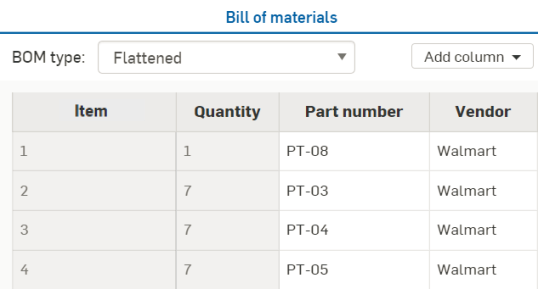 具有物料清单表格中值的供应商单元格的示例