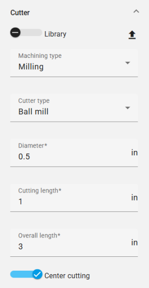 Screenshot of the Tool panel Cutter section with the Library option toggled off