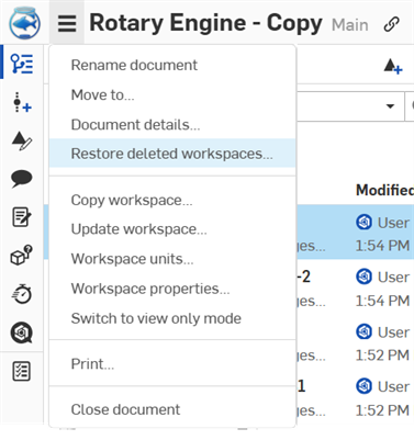 Document menu expanded with Restore deleted workspaces option highlighted