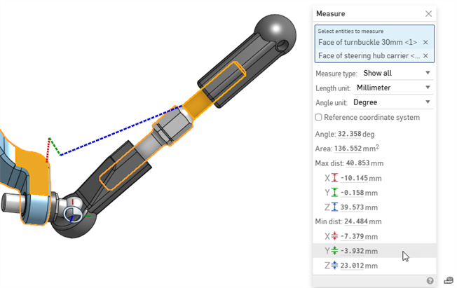 Measure tool dialog showing distance between entities using red, green, and blue dotted lines