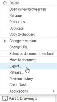 A drawing tab has been right-clicked, and Export is highlighted on the context menu.
