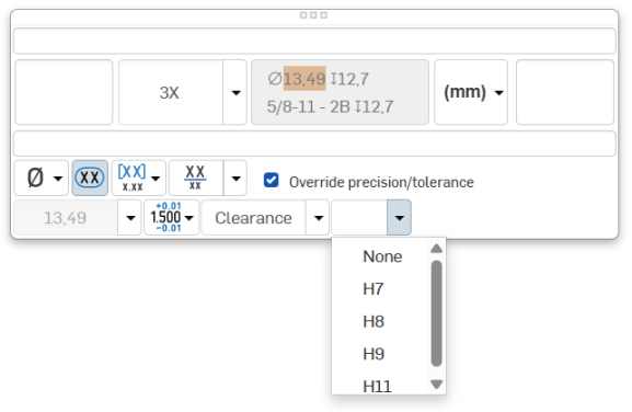 Hole/Thread Callout dialog box with the Hole class dropdown open