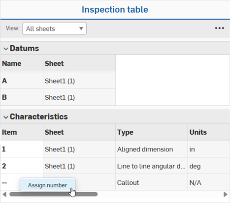 Context menu for an unassigned inspection item with Assign number highlighted