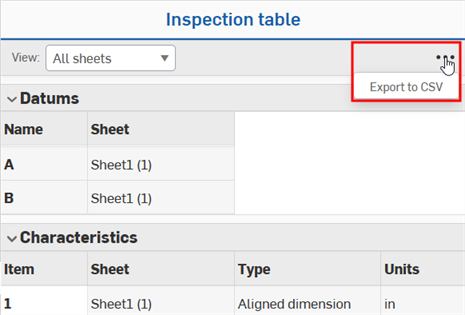 three dot menu in the inspection table with export to csv option highlighted