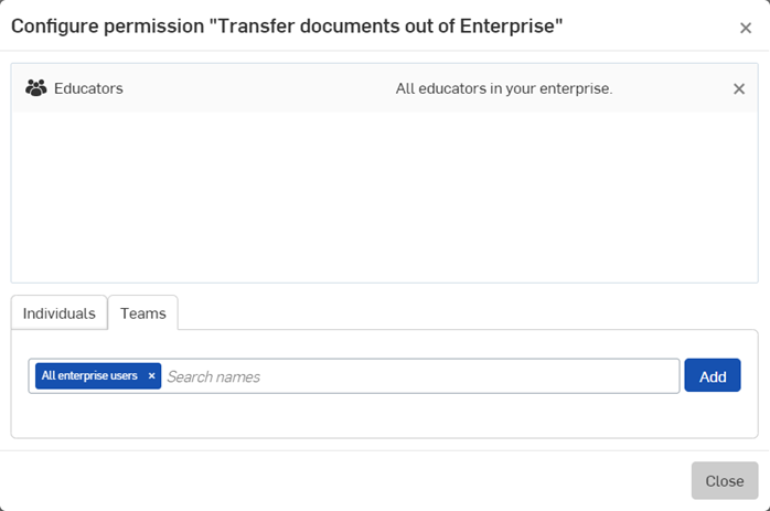 配置权限 将文档从企业中转出对话框