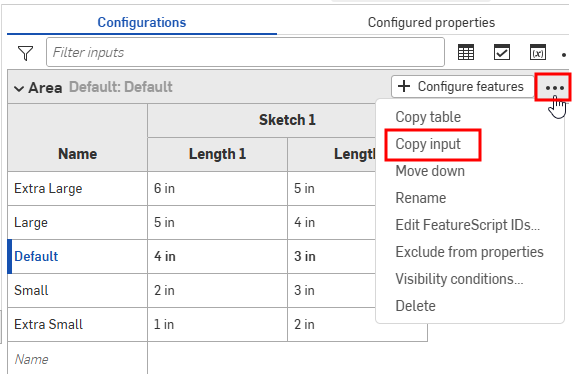 Configuration inputs three-dot menu with Copy input highlighted