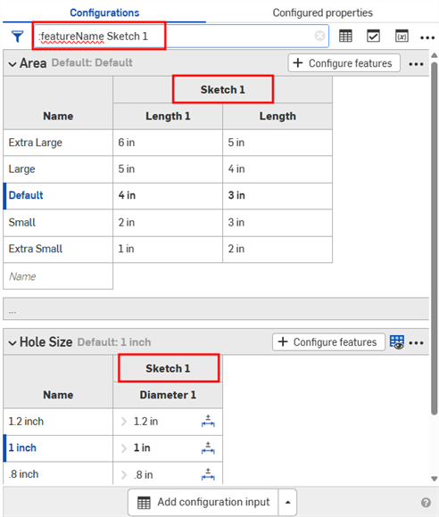 Filter config panel by feature name