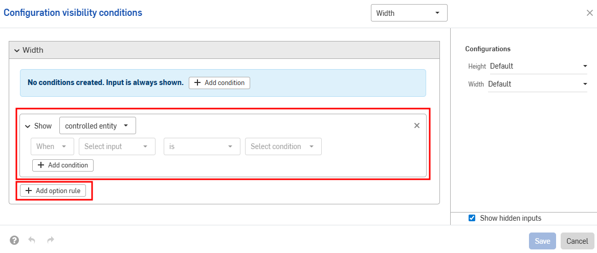 Default Configuration visibility conditions dialog with option rule added