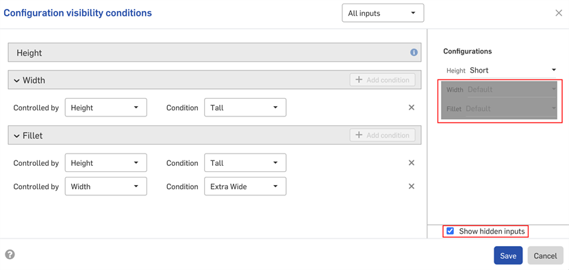 Show hidden inputs in the Config Conditions dialog