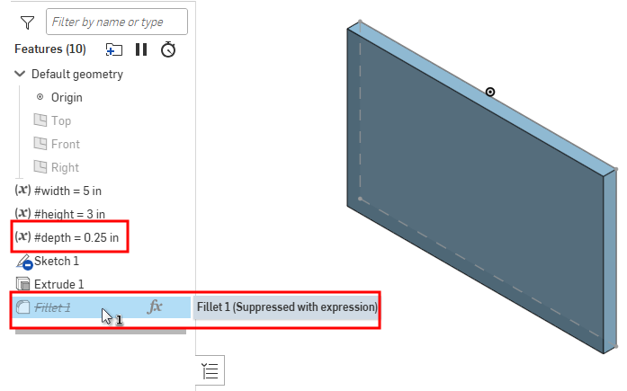 Fillet feature is suppressed because depth is less than .5 inches