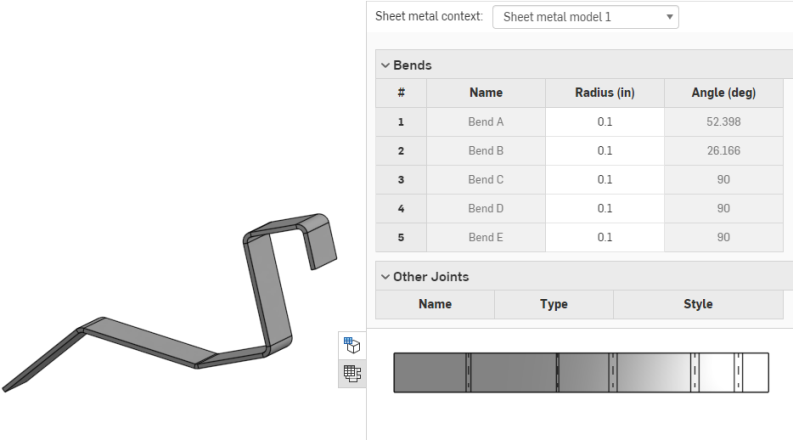 具有列出折弯和接头的钣金表格的钣金模型示例