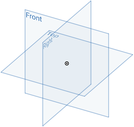 在每个 Part Studio 中均找到的默认平面（上、前、右）的示例