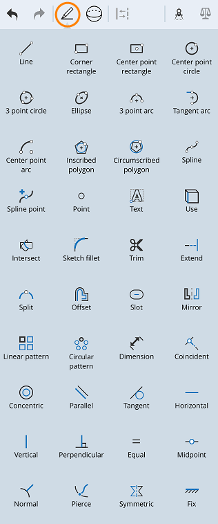 以橙色圈出的、包含下列草图工具的新草图工具的示例