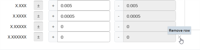 Removing a row from the Default tolerances dialog