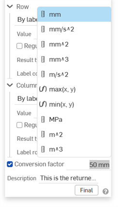 Variable: From table - Entering a Conversion factor