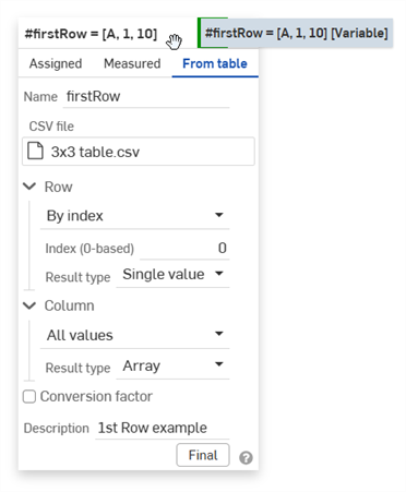 Variable: From table - First row example