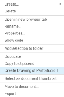 Example screenshot of Create Drawing highlighted from the part context menu