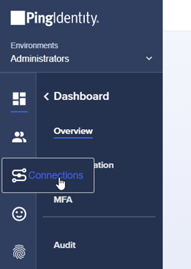 PingIdentity 頁面，按一下左側導覽列中的 [Connections]