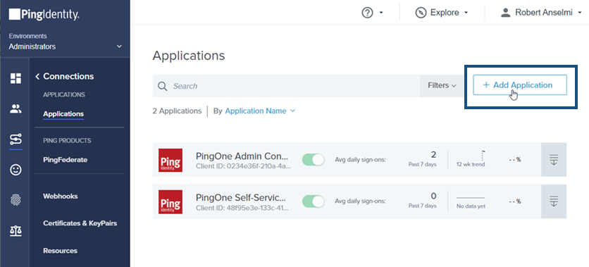 PingIdentity Applications 頁面，以輪廓線框出 [Add Application] 按鈕