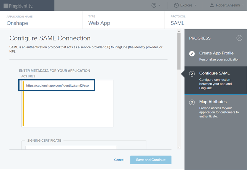 「Configure SAML Connection」頁面中以輪廓線框出 Metadata 檔案