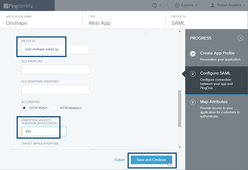 PingIdentity Onshape 應用程式頁面中以輪廓線框出「Entity ID」與「Assertion Validity」