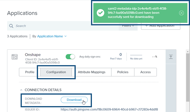 應用程式頁面，按一下 [Configuration]，然後按一下 [Downloading Metadata] 檔案