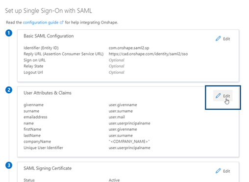 按一下「SAML 登入」頁面上的 [編輯] 來編輯「使用者屬性 & 宣告」