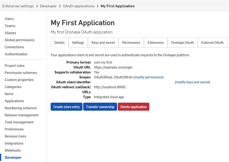 App details in Developer settings