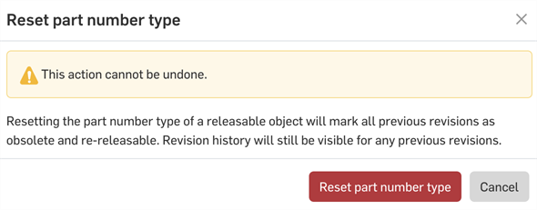 Company settings: Revision tools Reset object type dialog