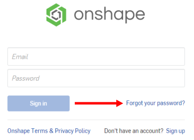 Onshape 登入，其中以箭號指出忘記密碼時要點按的位置