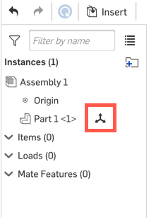 Screenshot of the Instances list in an Assembly with floating icon outlined in red