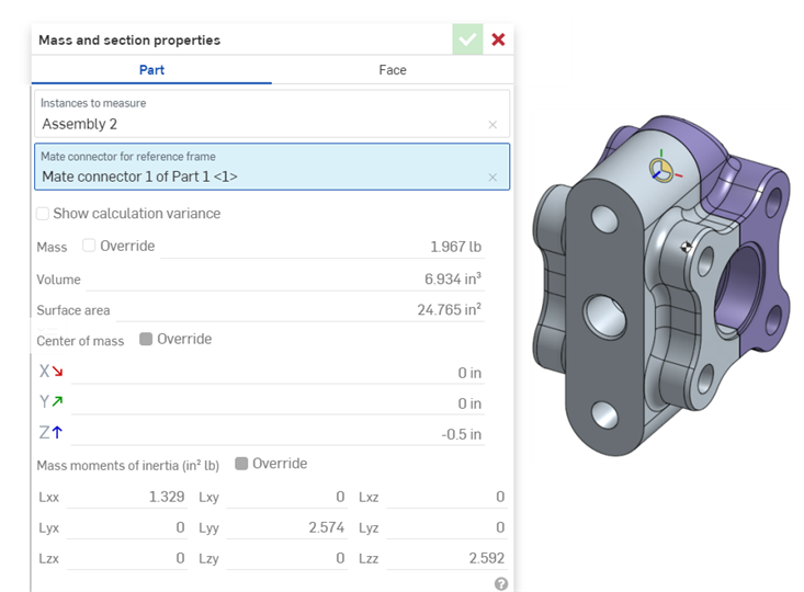 Example of using Values, selecting a Mate connector in the Mass properties dialog