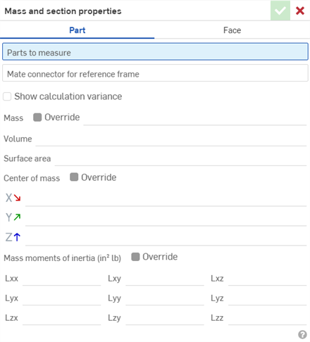 Making selections in the graphics area and showing the Mass properties dialog