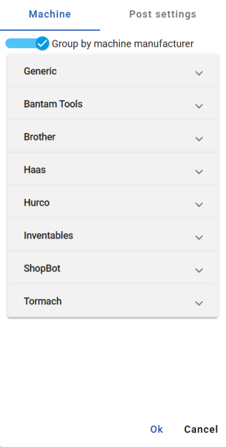 Machine and post settings sections