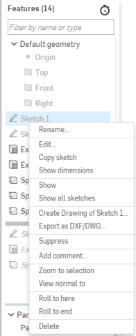 Example of the context menu when a sketch is selected in the Feature list