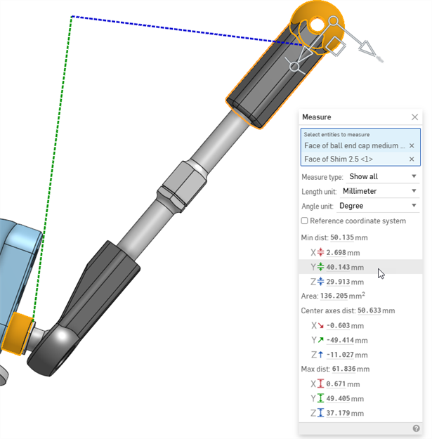 Measure tool dialog showing distance between entities using red, green, and blue dotted lines