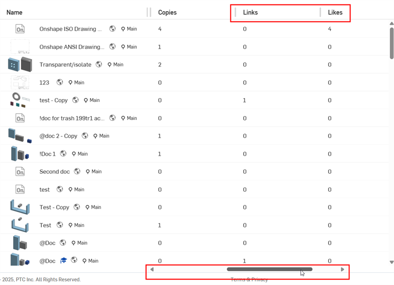 Additional columns displayed using the horizontal scroll bar