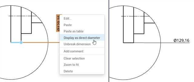 Switching to display as direct diameter