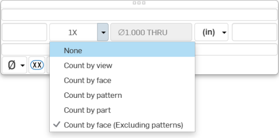 Screenshot of the Hole callout edit dialog with the Count type dropdown opened