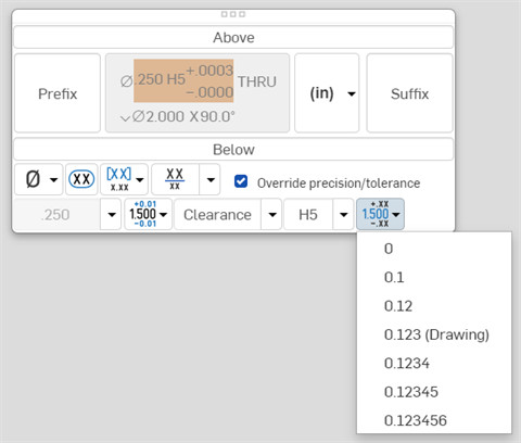 Fit tolerance precision menu in hole/thread callout palette