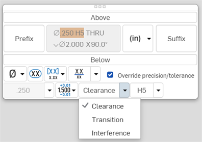 Hole thread callout palette with Fit type menu expanded