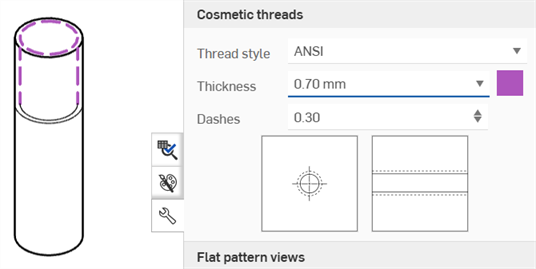 Example of modifying cosmetic thread appearance in the Drawings properties panel