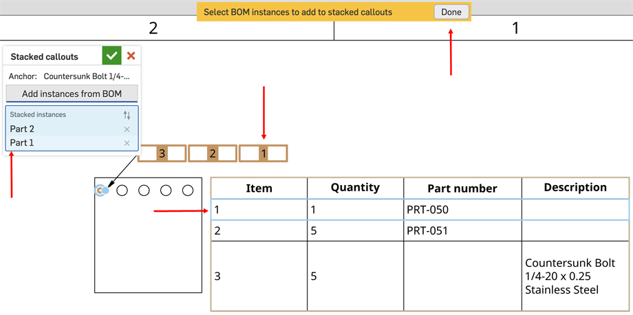 Drawing with Stacked callout dialog and Select BOM instances banner. Arows point to the banner Done button, the new callout, the clicked item in the BOM table, and the instance in the dialog list.