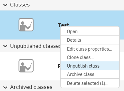 Classes RMB menu with Unpublish class option highlighted