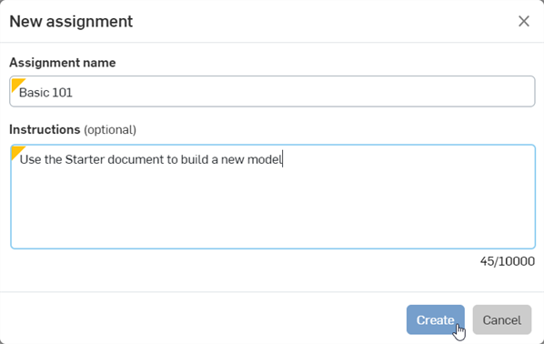 New assignment dialog