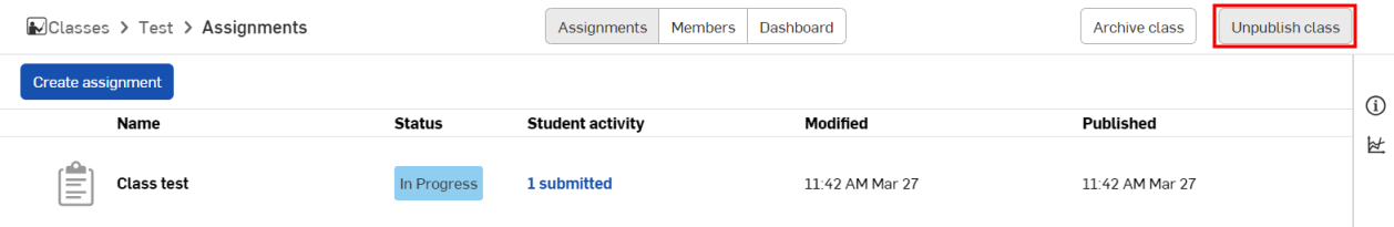 Classes and Assignment page with Unpublish class outlined in red