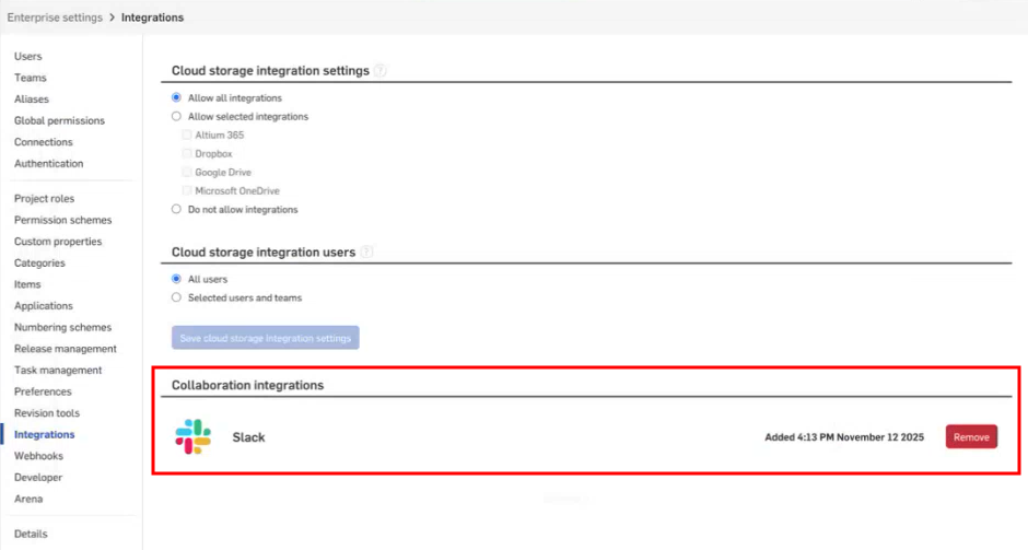Slack connection on Integrations page