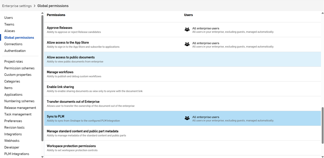 Enterprise settings, Sync to Arena global permission